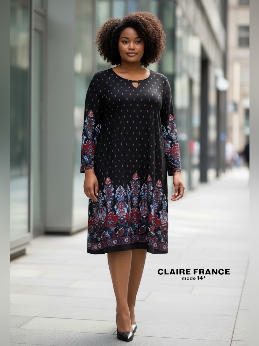 Claire France, 2X Plus Size, Stretch Dress Black Burgundy Paisley Border Print